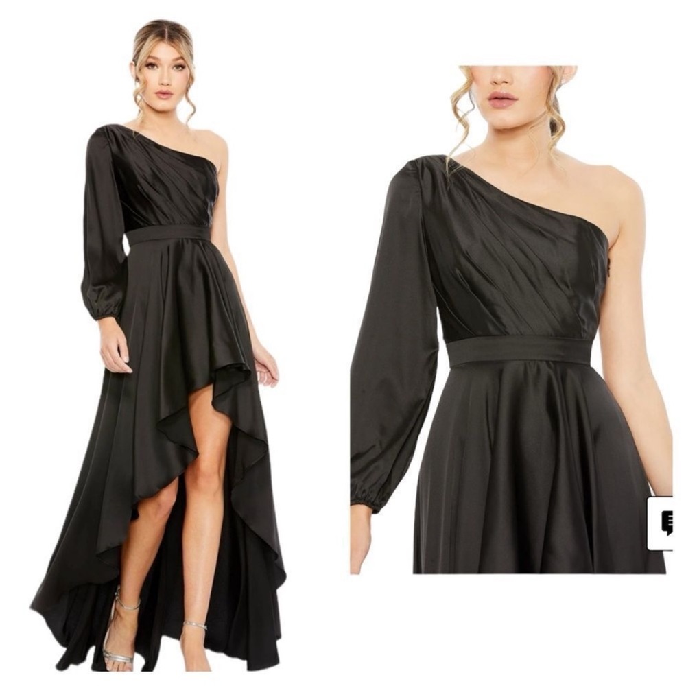 Mac Duggal 49141 Black High Low One Shoulder Gown | Size 2